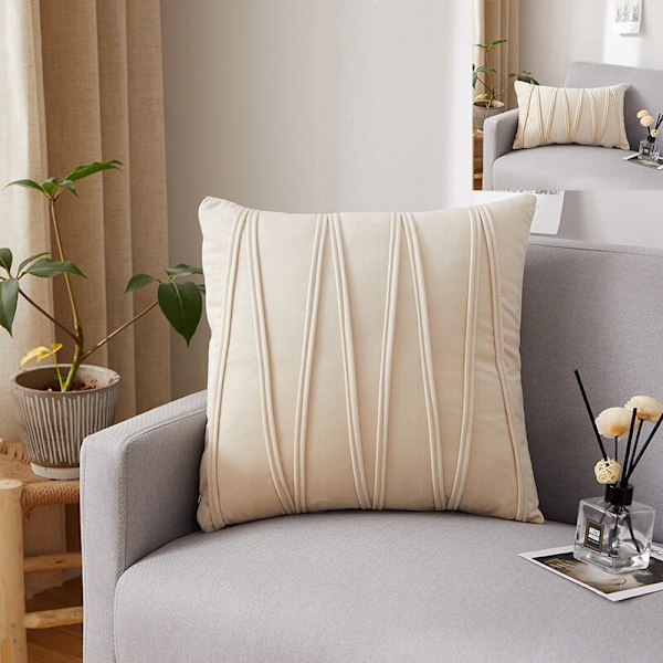 Sæt med 2 Pudebetræk Tredimensionale Geometriske Striber Fløjl Dekorative Pudebetræk Hjem Stue Sofa Soveværelse (30x50cm, Beige)