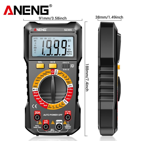 SZ305 1999 Räknare Multimeter Kondensator Testare Smart Voltmeter AC/DC Spänning Ström Resistans Ohm Testverktyg Svart