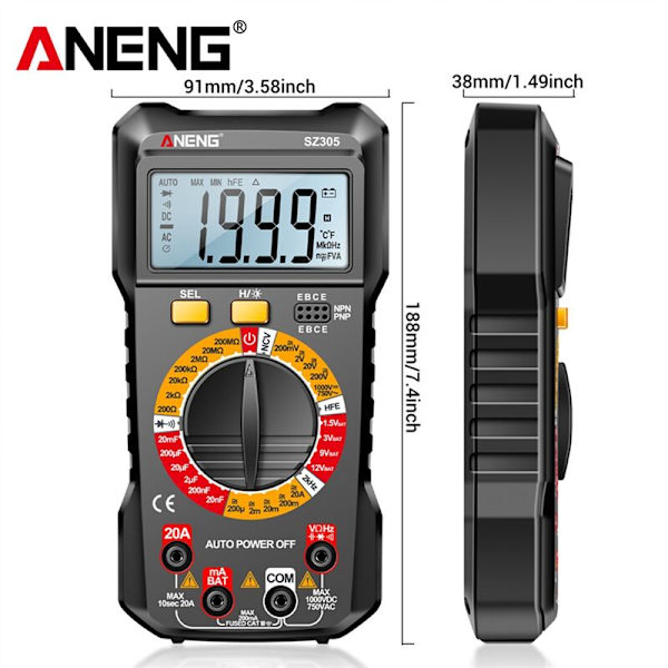 SZ305 1999 Tæller Multimeter Kondensator Tester Smart Voltmeter AC/DC Spænding Strøm Modstand Ohm Testværktøjer Sort