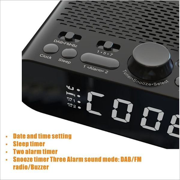 Digital väckarklocka DAB/FM-radio, stödjer Bluetooth-anslutning, med basmembran, högupplöst LED-display