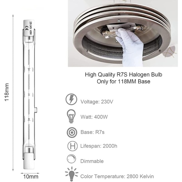 400W R7s Halogenpære 118mm Dimbar Varmt Hvit 2800K J118 Lineær Halogen Spotlight AC 220-240V 11000lm 360° Strålevinkel for Landskapsbelysning, Sikkerhet