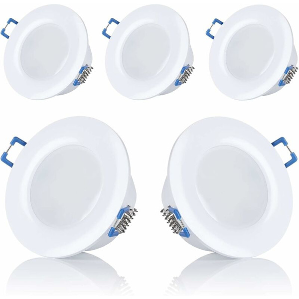Set med 5 LED-spotlight, infällda, för badrum, IP44, 230 V, extra platta, 5 W, finns i varmvit och kallvit, runda, vita, för badrum, Op