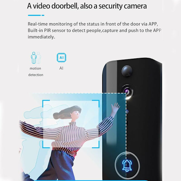 Videodørklokke med ringeklokke - Smart HD nattesyn dørklokke med PIR-sensor, 38 ringetoner, genopladelig tyverisikret sikkerhedsdørklokke