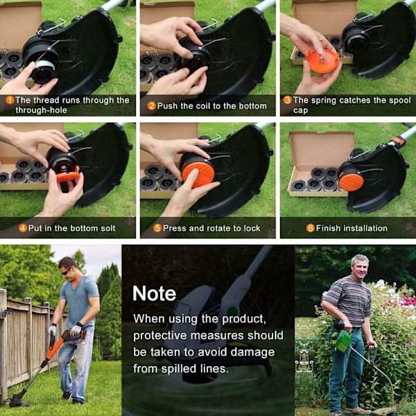Spole med snor til græstrimmer fra Black & Decker, 6 spoler med snor til buskrydder + 1 spolehætte og 1 fjeder
