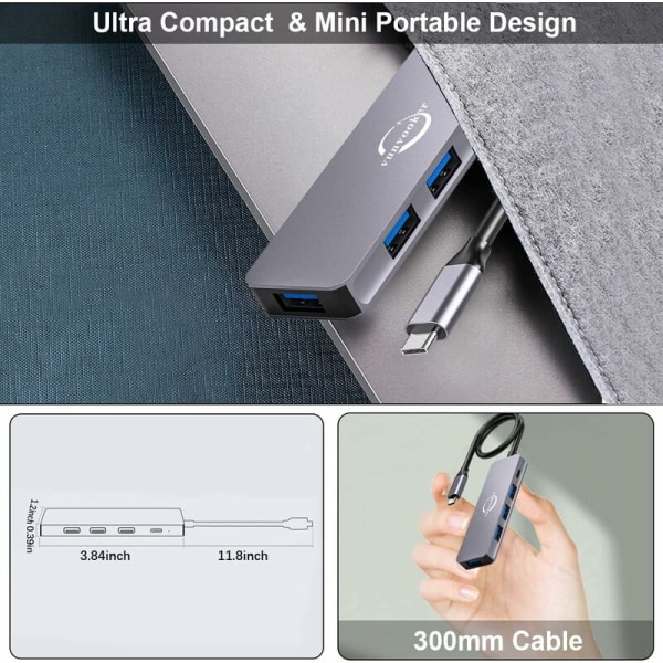 USB C Hub, 5 i 1 USB Dongle med Langt Kabel, USB-C Extender til Bærbar (100W PD, 4 USB-A Porte), USB 2.0 Hub, USB 3.0 Hub, Type C til USB A, Mini Annonce