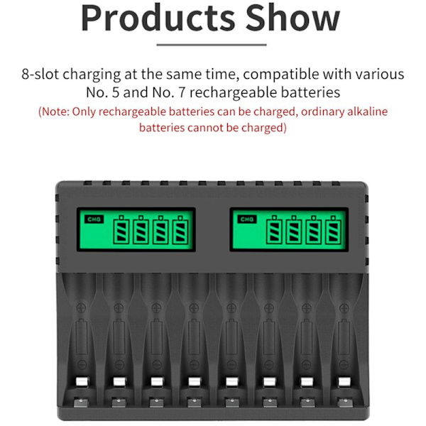 Batterioplader LCD-skærm 8 slots Intelligent Smart-opladere til AA/AAA NiCd NiMh genopladelige batterier AA AAA-oplader