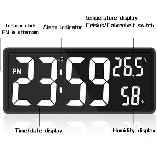 LED Digital Væg Ur, Store Cifre Display, Indendørs Temperatur og Fugtighed, til Bondehus, Klasseværelse, Kontor Hvid