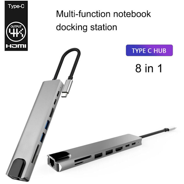 USB C Hub Adapter, 8 i 1 Mac Tillbehör USBC Adapter 4K HDMI, Ethernet, 2 USB 3.0, SD/TF Kortläsare