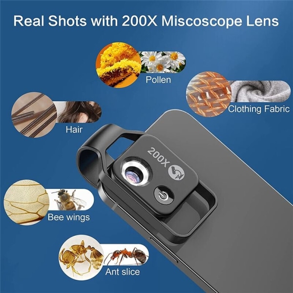 200X Mobiltelefon Mikroskop Tillbehör med Lins, Bärbar Mini Digital Mikroskop med LED-ljus/Universell Klämma