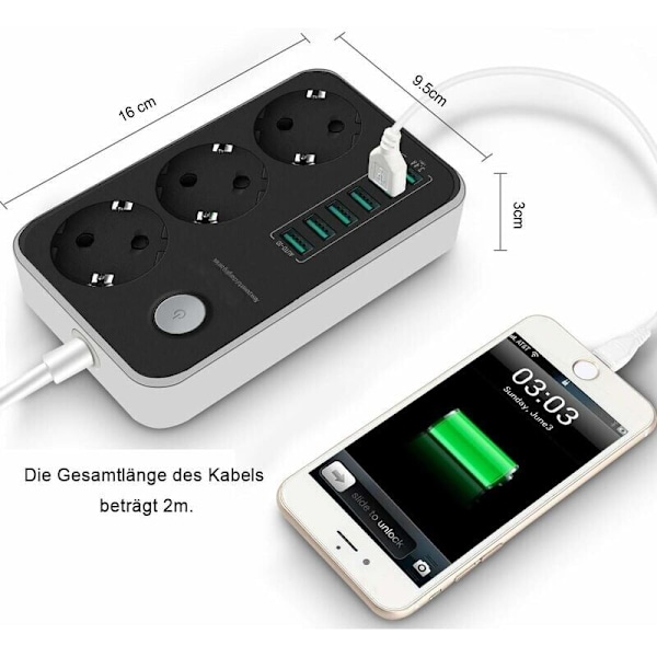 Strömskena med 6 USB-uttag, 3 fack, 2500W 17W 5V 3.4A 1.6M kabel, med strömbrytare och överbelastningsskydd
