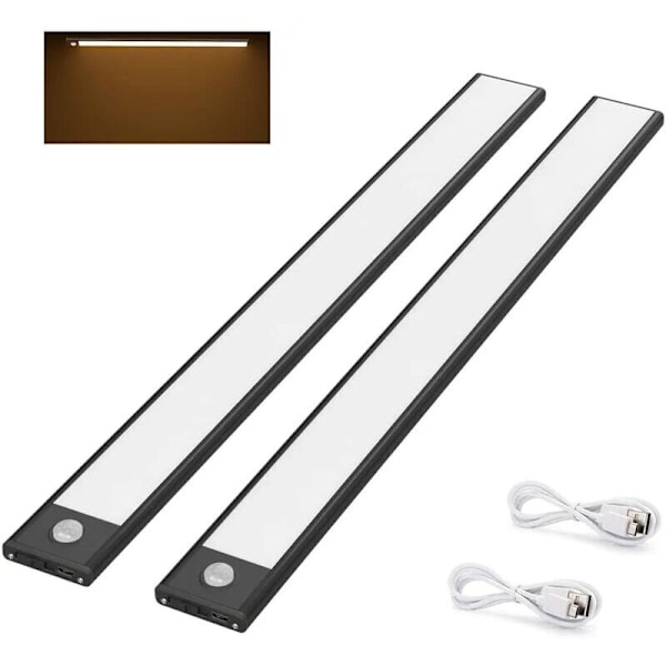 2 stk LED-skaplampe, 40 cm, trådløs, USB-oppladbar, magnetisert, bevegelsessensor, 3 lysmoduser, bærbar, skaplys, varmt hvitt 3000K, svart