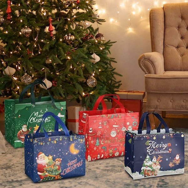 4 stk Julegaveposer, Julebæreposer med håndtak, Julegodteposer, Ikke-vevde Juleposer til innpakking av gaver, Julefesttilbehør
