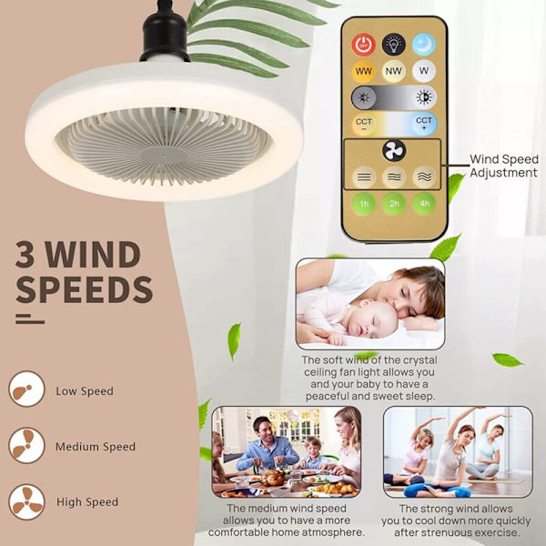 Taklampa med fläkt 30W, inbyggda lampor E27, fjärrkontroll, sovrum, vardagsrum, strömbrytare, hemlampa A