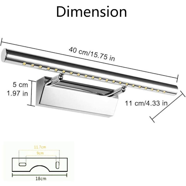 Badeværelsesspeil Lys LED 5W Vegglampe Vanntett IP44 Dimbar 180° med Bryter Rustfritt Stål Belysning Dekorasjon Toalett Toalett Ma