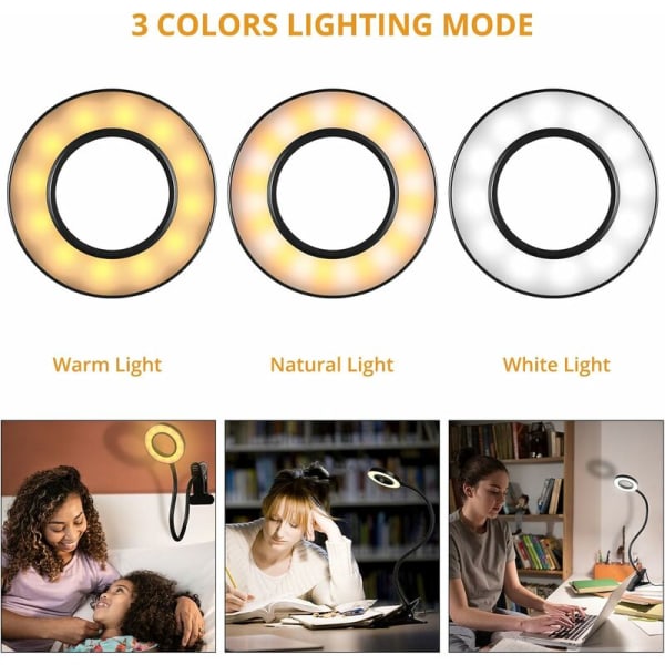 Desk Lamp for Reading Home Office, 10 Dimmable Brightness, 3 Modes, Ring/Clip Lamp for Headboard, Crafts, Computer, Video Calling