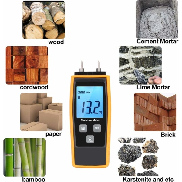 Fuktighetsmåler, vegg- og trefuktighetsmåler, lekkasjemåler, fuktighet, sementmørtel, vanninnholdsdetektor med LCD-bakgrunnsbelysning (gul)