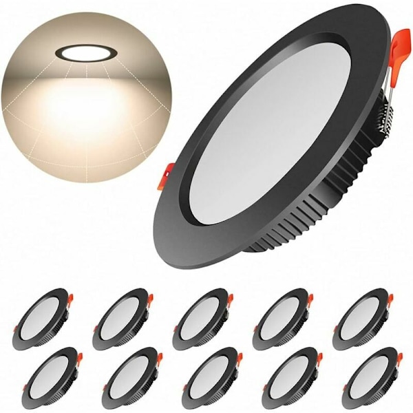 Indbygget væg- og loftspotlys Sæt af 10 Ekstra flade sorte indbyggede LED-spots, 500LM 7W Runde loftsindbyggede LED = 50W Glødepære, varmt lys