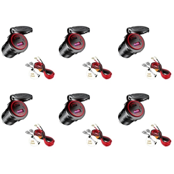 6X USB PD Type C & QC 3.0 Auton lataus 12V virtapistoke On/Off-kytkimellä moottoripyörälle, matkailuautolle, ATV:lle, punainen