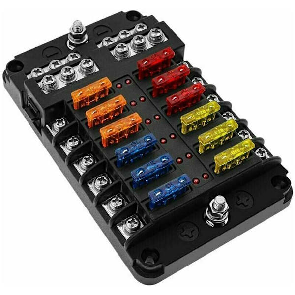 6/12-vägs 12V Säkringsbox, Säkringshållare Bladssäkringsblock med 16 Säkringar 6 LED-indikatorer Skyddande Lock för 12V/24V Bil Båt Marin Lastbil SUV (12-vägs)
