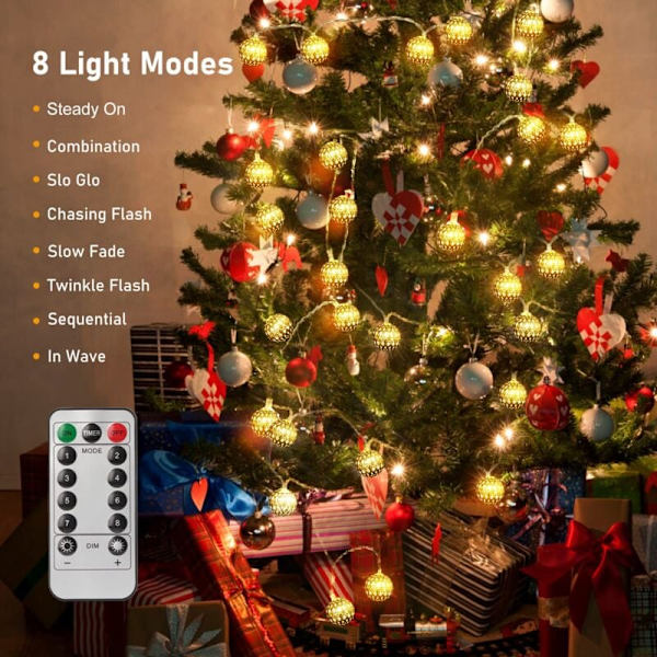 Marockansk LED-ljusslinga, 4,5 M 30 LED USB 8 Belysningslägen, med fjärrkontroll, Gyllene kula, Marockansk orientalisk stil