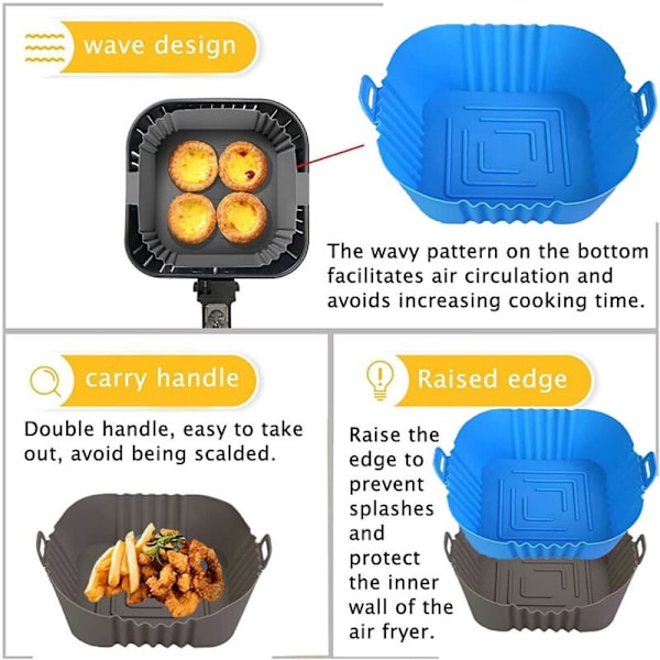 Silikon Air Fryer-gryta, 8,5 tum Återanvändbara Air Fryer-foder, Kvadratiska Air Fryer-tillbehör, Silikon (2 x Blå)