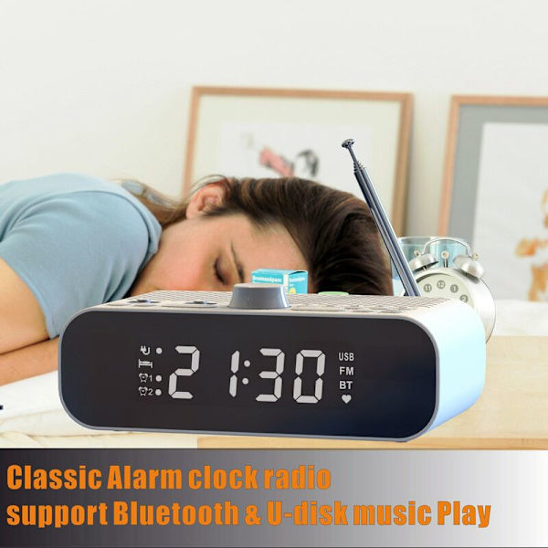 FM-väckarklockradio med Bluetooth-streaming LED-display Dubbel väckarklocka 1500MAh Hi-Fi-högtalare med woofer-enhet