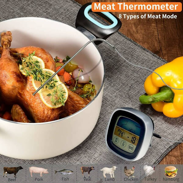 2020 Instant Läsbar Kötttermometer 40 Tums Sondkabel Digital Säker Livsmedelstermometer med BBQ Färg Pekskärm LED-Display (Svart med Silverram