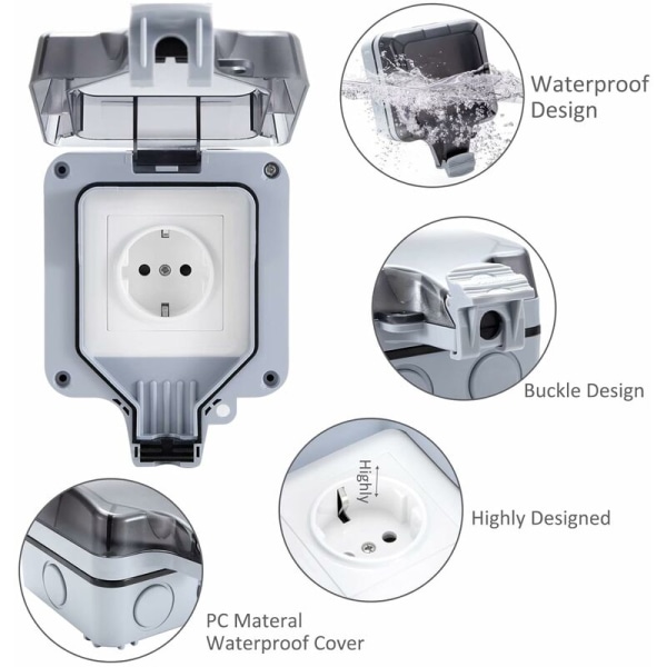 IP66 Vandtæt Stikkontakt, Vejrbestandig Udendørs Stikkontakt, Vægmonteret Udendørs Samledåse, Strømstikbeskyttelse til Køkken, Garage, Badeværelse, Swimm