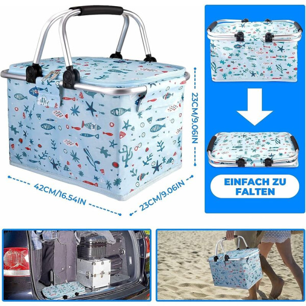 Piknikkurv, isolert kurv, handlekurv, kjølebag, handlepose, piknikpose for å bære mat, piknik, fotturer, camping