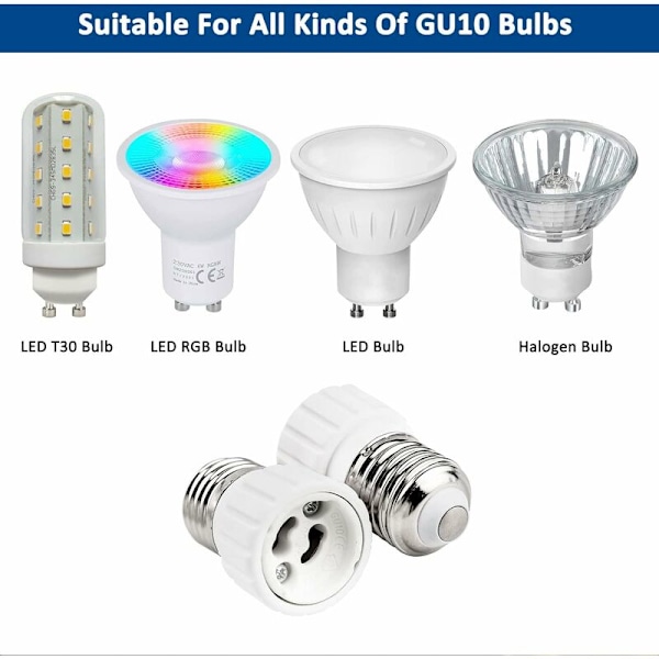 Stikadapter E27 til GU10, 0-250V, maks. 200W, E27 Skruefatning til Basekonverter til GU10 LED Pære, Halogen og CFL Lampe, Keramik Adapter, Pakke