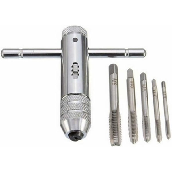 T-formet håndtag Ratchet Tap Holder, Justerbar Tap Nøgle med 5stk M3-M8 3mm-8mm Metrisk T-formet Prop Maskine Skrue Tråd Tapping