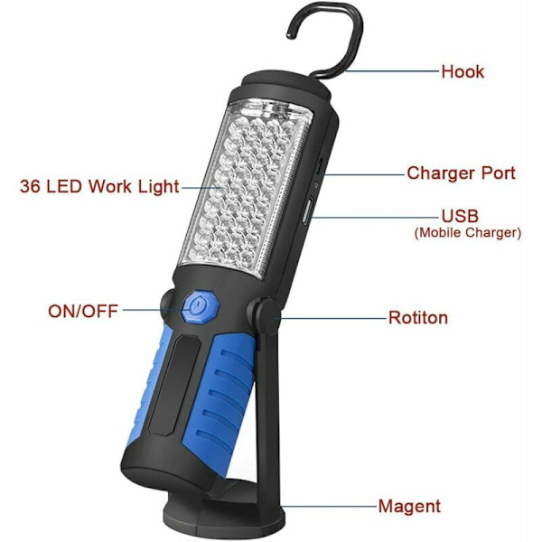 Ladesbar LED-lys Inspeksjonslampe, Ladesbar LED-arbeidslys med Magnetisk LED-lommelykt Inspeksjonslys Arbeidslys