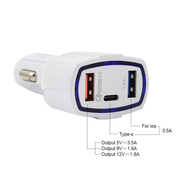 Pd Biloplader Qc3.0 Dobbelt USB Multi-porte 3.0 Opladning 5V3A18W Mobiltelefon Hvid