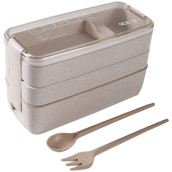 Japansk Madpakke Bento Box, 3 i 1 Rum, Hvedehalm, Miljøvenlig Bento Box Madlavningsbeholdere Beige