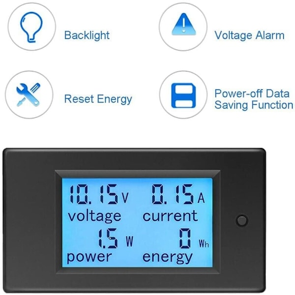 Voltmeter Amperemeter 12V DC 6,5-100V 20A - Spændingsmåler Wattmeter - Spænding Strøm Effekt Tester - LCD Energimåler DC20A