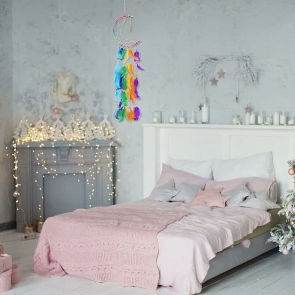 Måne Drömfångare LED, Handgjord Flickrum Dekoration LumiChristmass Drömfångare Fjäder Väggbonad Bohemisk Hem Rum Vägg Hängande Bröllop Dekoration Eller