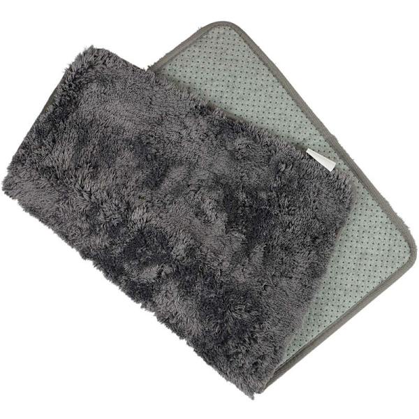 Långhårig tjock matta Ins Liten fräsch sovrums sängkant filt vardagsrum soffbord badrum mörkgrå