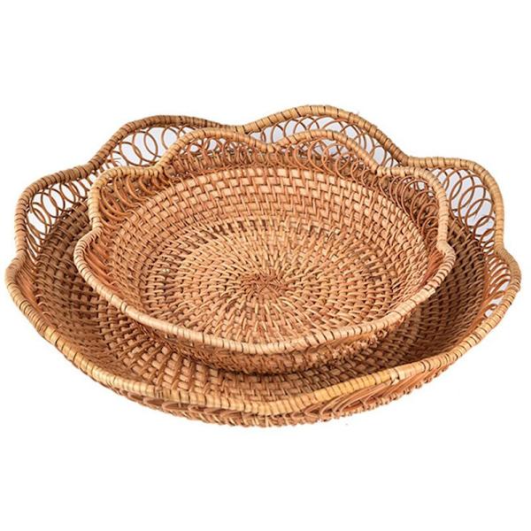 Rund Blomsterblad Rattan Håndvevd Frukt Mat Oppbevaringskurv Te Dessert Serveringsplate Kjøkken Husholdning Brett,A