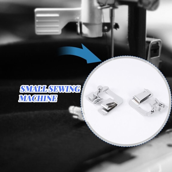 Maskinfødder, Rullede sømføddersæt (1/2 tomme, 3/4 tomme, 1 tomme), med 3 stk. rullede smalle sømfødder og justerbar guide