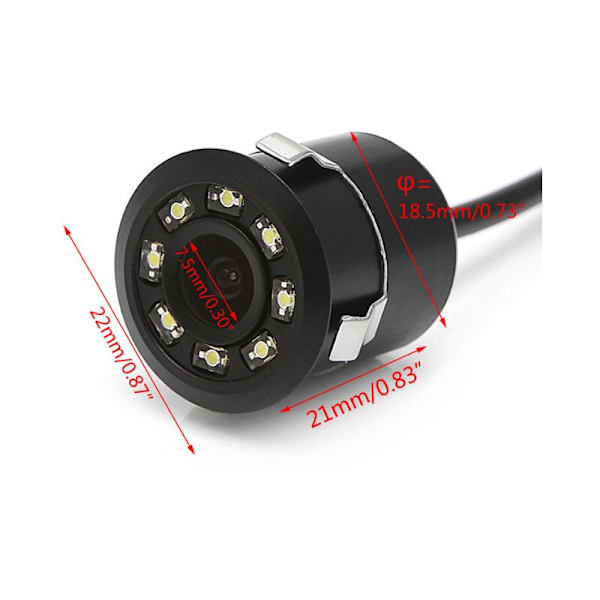 Indbygget 18,5 mm bakkamera, Mini bakkamera med 8 LED-lys + Praktisk og pålidelig, ideel til parkering af din bil + Synsvinkel: 170° + RCA