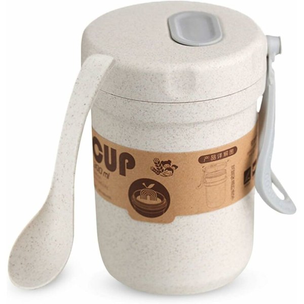 Muesli-mugg, Muesli-kruka, 300 ml bärbar behållare för mjölk, flingor, müsli, mikrovågsugn, BPA-fri, förhindrar spill, med sked för frukost (beige)