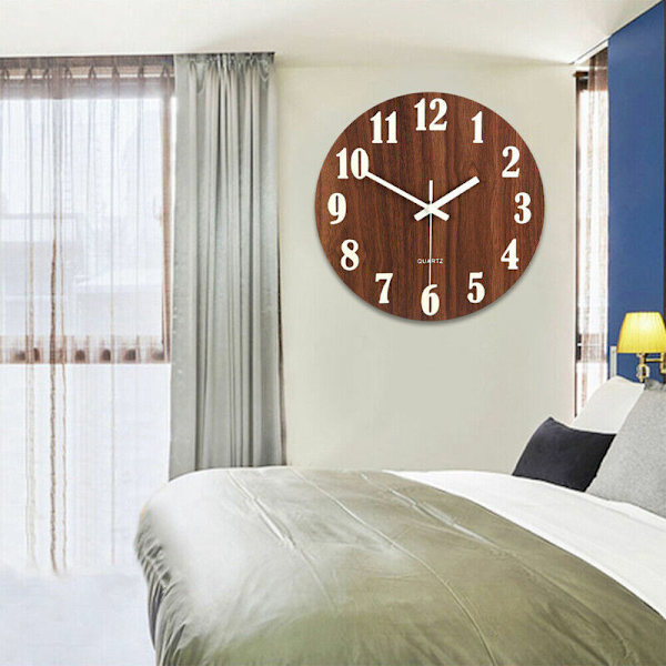 12 Tommer Stor Lysende Vægur Træ Kvarts Ur Natglød Lydløs Hjem Decor