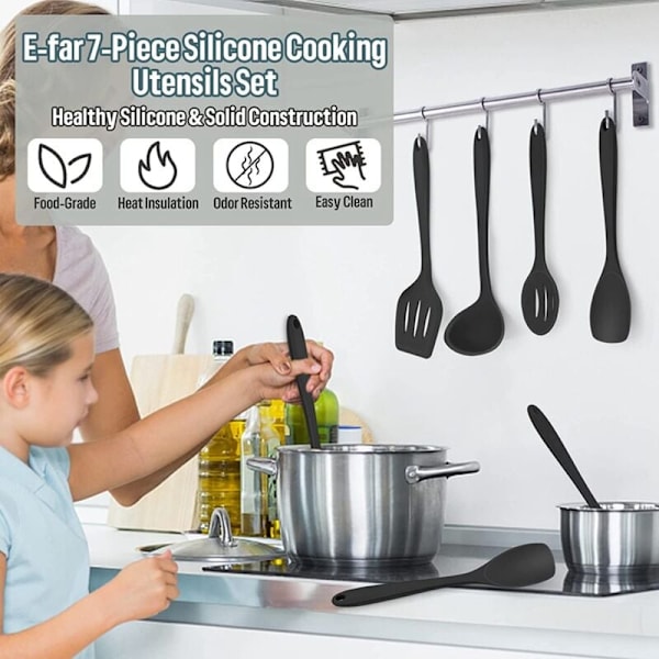 Silikon köksredskap set, 6 svarta värmebeständiga köksredskap, non-stick köksredskap spatel slev sked