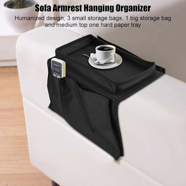 Sofa Armlæn Hængende TV Fjernbetjening Organizer Sofa Opbevaringspose med Kopholder Bakke Sofa Opbevaringsbakke (Sort)