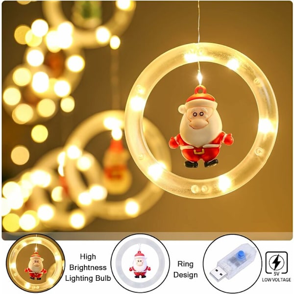 Julelys Gardin 3m Girlande Lys Gardin Indendørs Vindue USB Varm Hvid 10 Ringe med 3D Julefigur Lys Dekoration Soveværelse Hjem Par