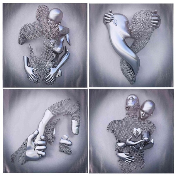 4 st Love Heart 3D-effektkonst, abstrakt metallstatykonst duk målning 19,7 tum modern väggkonstdekor