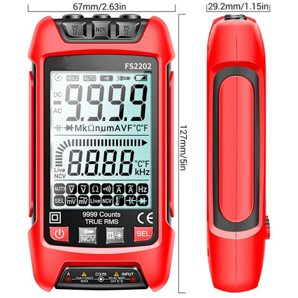 FS2202 Auto Range Digital Multimeter 9999 Counts TRMS AC DC Voltmeter Amp NCV Resistor Capacitance Transistor Tester A