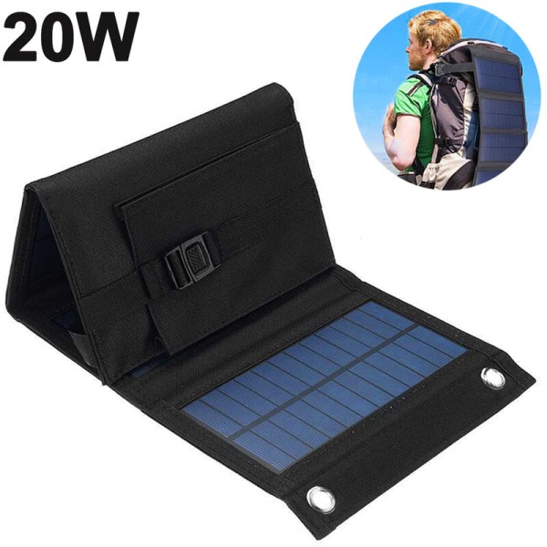 Solpaneler 20W Premium monokristallin hopfällbar solcellsladdare kompatibel med solgeneratorer, telefoner, surfplattor, för utomhusaktiviteter-svart