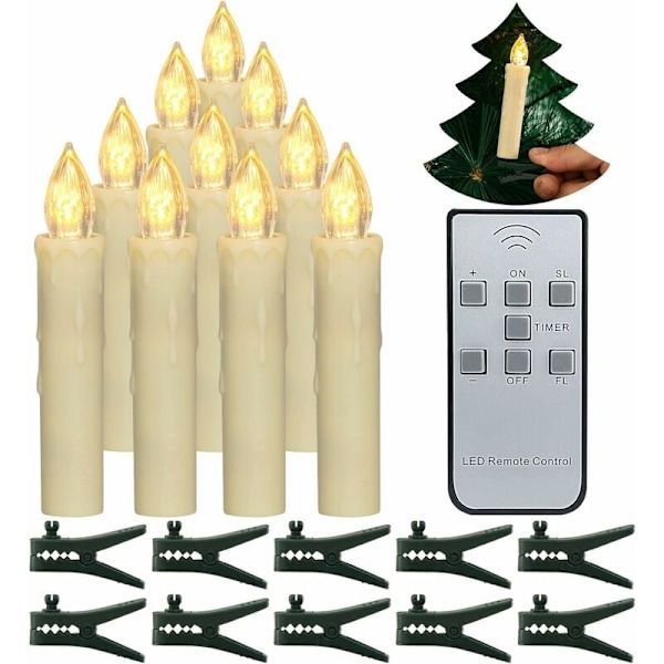 Julgran Ljus, 10 Stycken LED Ljus Flammlösa Batteridrivna Koniska Ljus med Fjärrkontroll Timer/Avtagbara Klipp/Vattentäta Ringar för Hemmet