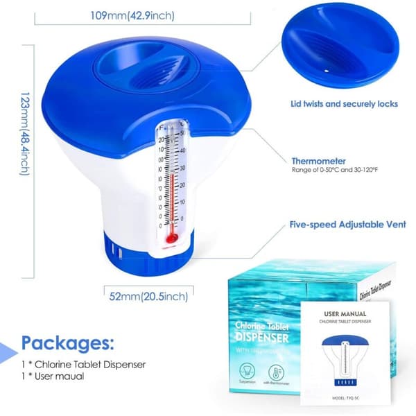 Flydende pool dispenser med termometer, automatisk doser, flydende spa-diffuser, dispenser til pool, dam, spa